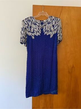 Vintage Stenay Royal Blue 100% Silk Full Beaded Dress Sequin 12 Short Sleeve 80s